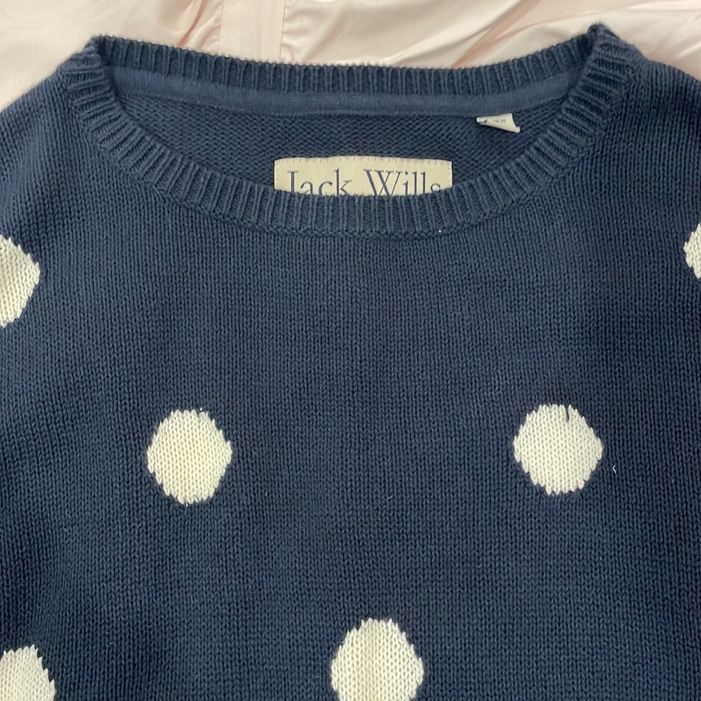 JACK WILLS authentic 100% cotton blue polka dot crew neck knit sweater